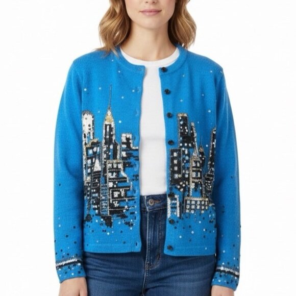 Design Options Sweaters - Design Options Womens Blue Button-Up Sequin Cardigan Skyline Embellished Sz L